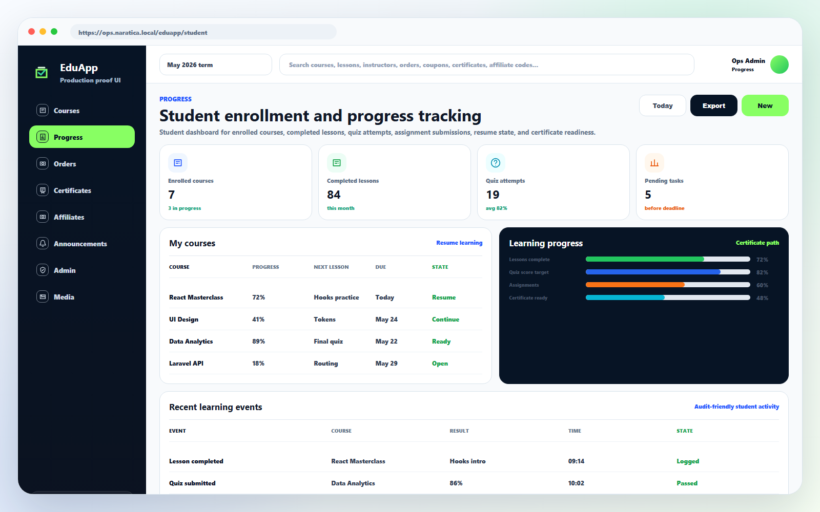 Student progress preview