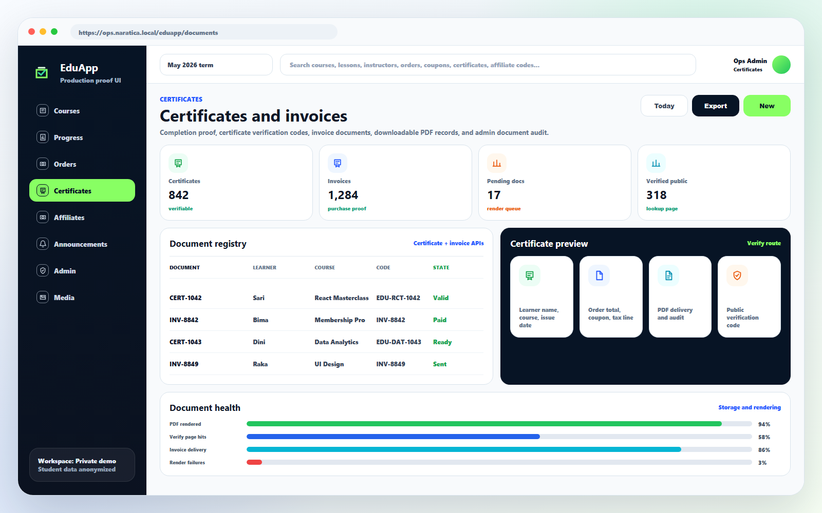 Certificates invoices preview